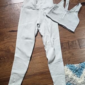 Pale Green Ribbed Leggings and Sports Bra Set